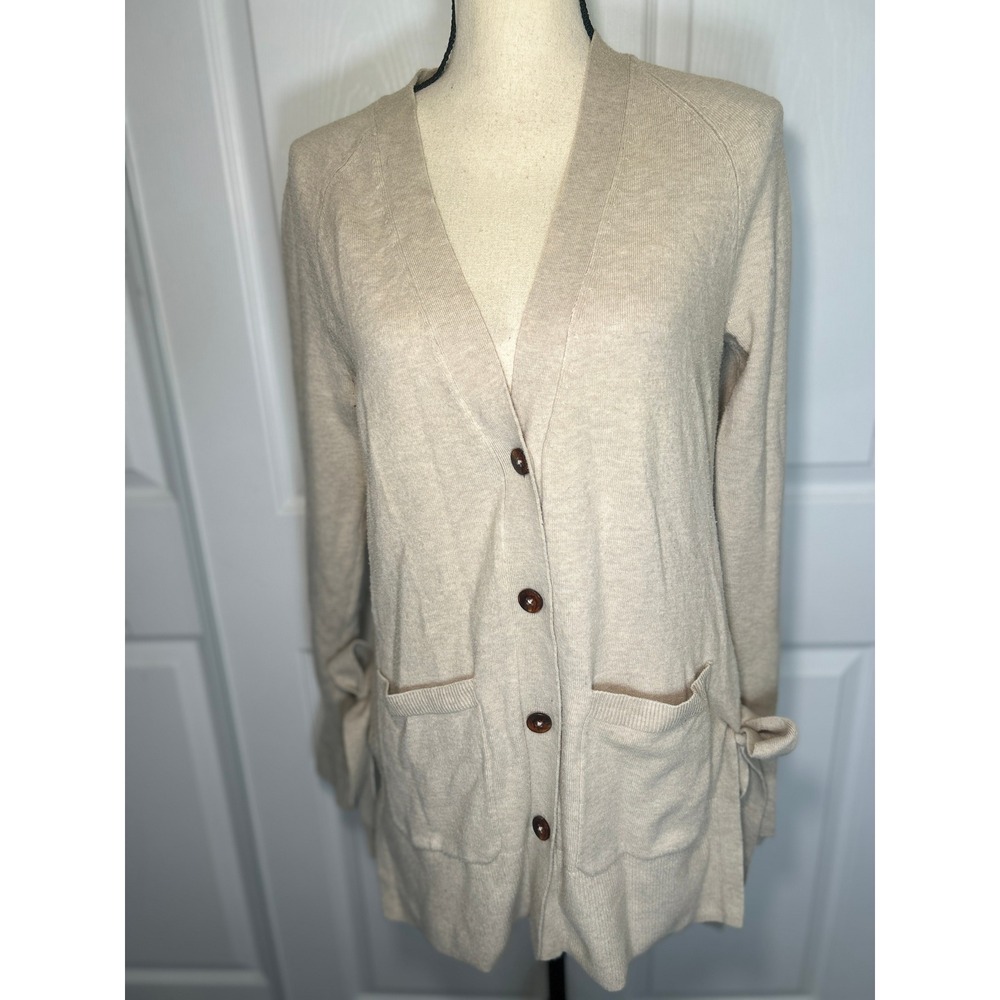 Anthropologie Cardigan Sweater Small Beige Merino Wool Blend Side Tie V-Neck